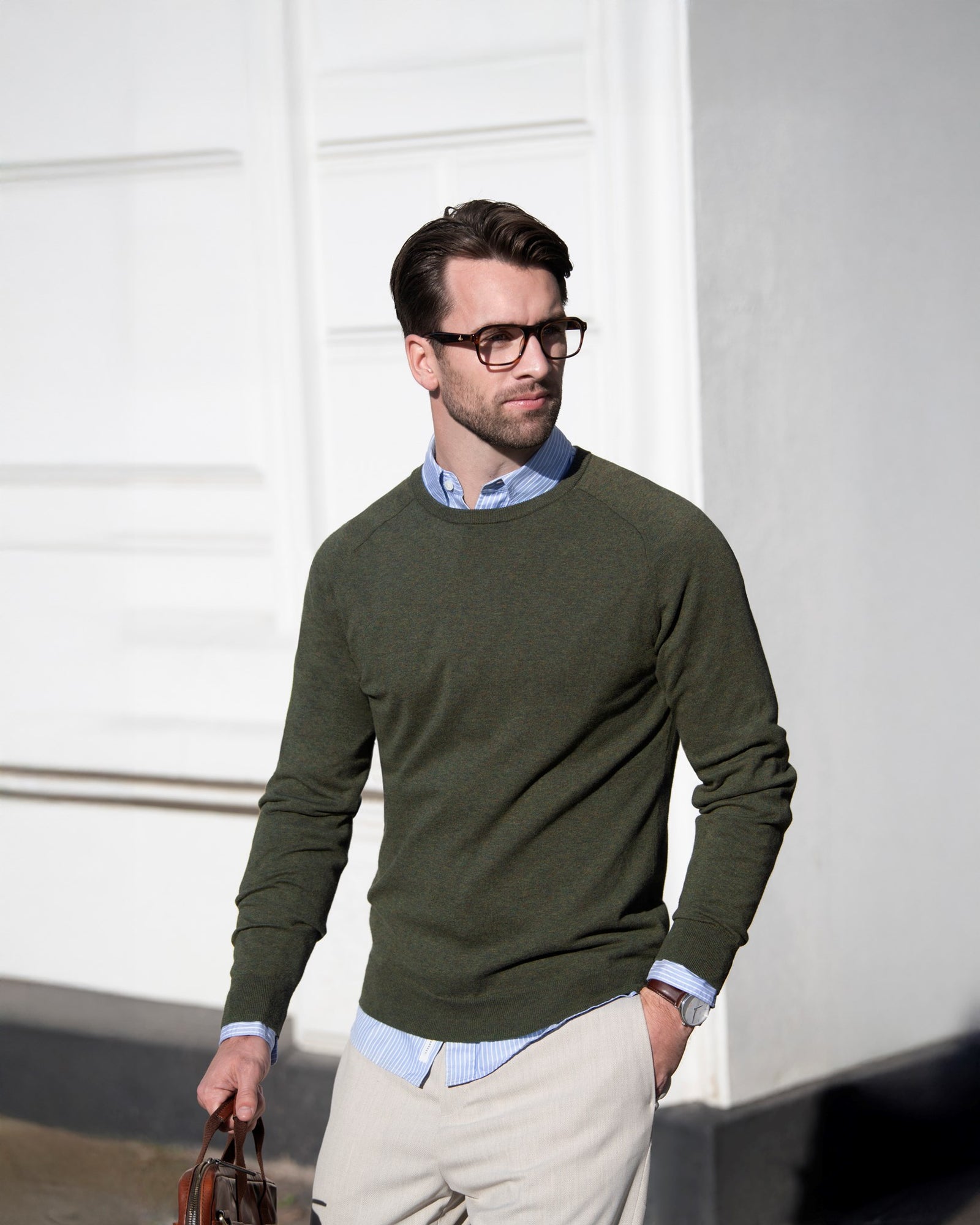 Brighton O Neck Men Olive Melange Back